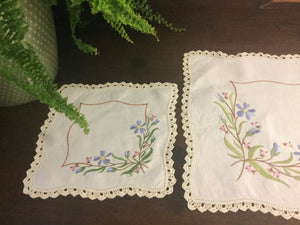 Embroidered Linen Doily Set with Crochet Edge